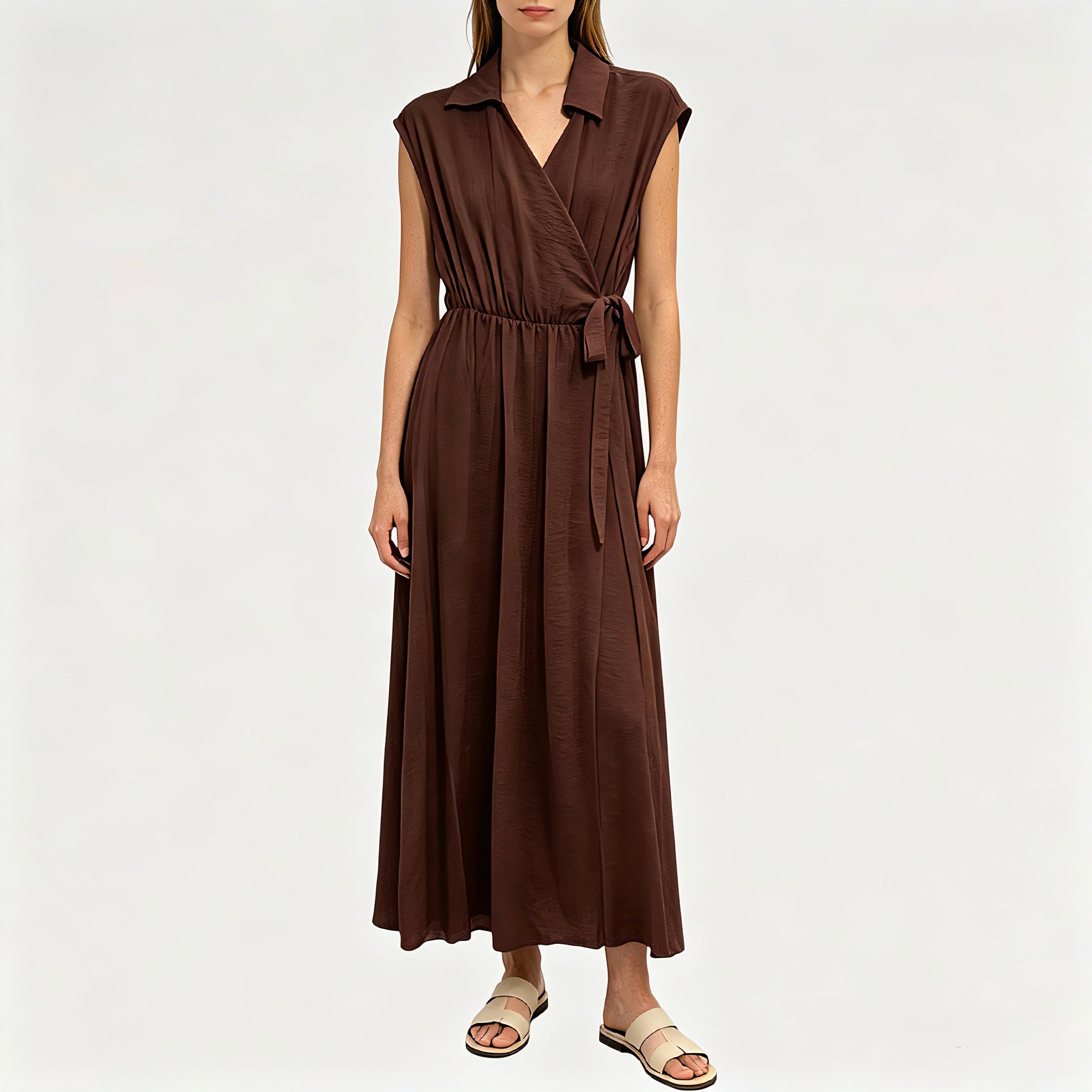 【Lady First】Abito TERESA  lungo senza maniche collare camicia 100% viscosa avvolgente vita regolabile -made in italy