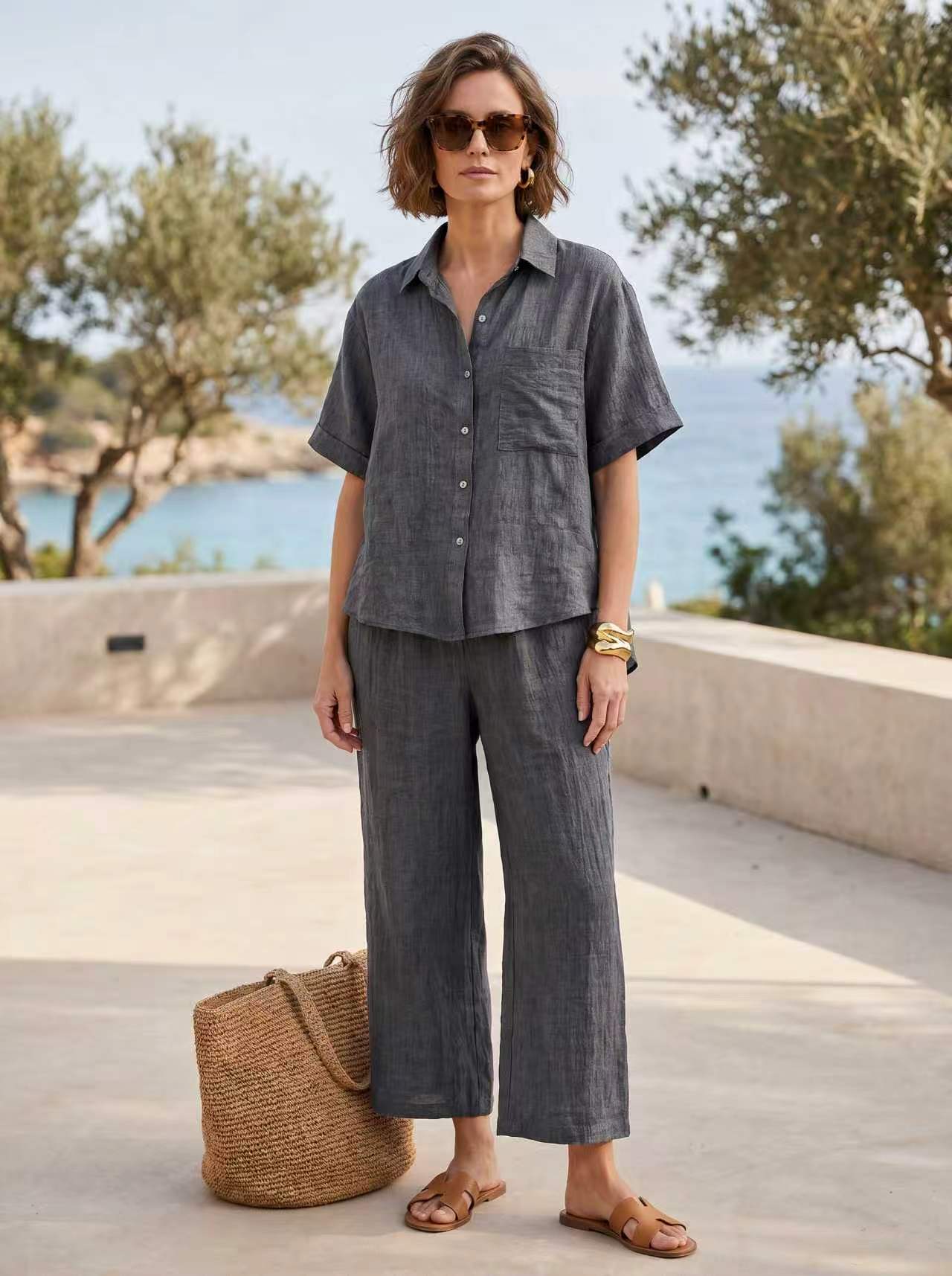 Komplettes Sommer-Set Leinen&Baumwolle Einheitsgröße Hemd Oversize Weite Hose Komfort