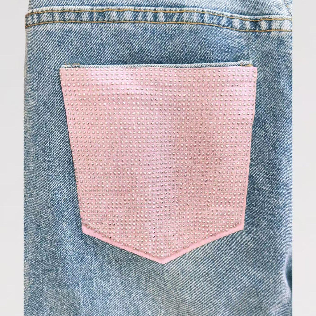 Jeans Galassia Rosa - Jeans elasticizzato Chiaro con tasca posteriore rifinito con tessuto rosa e brillantinato
