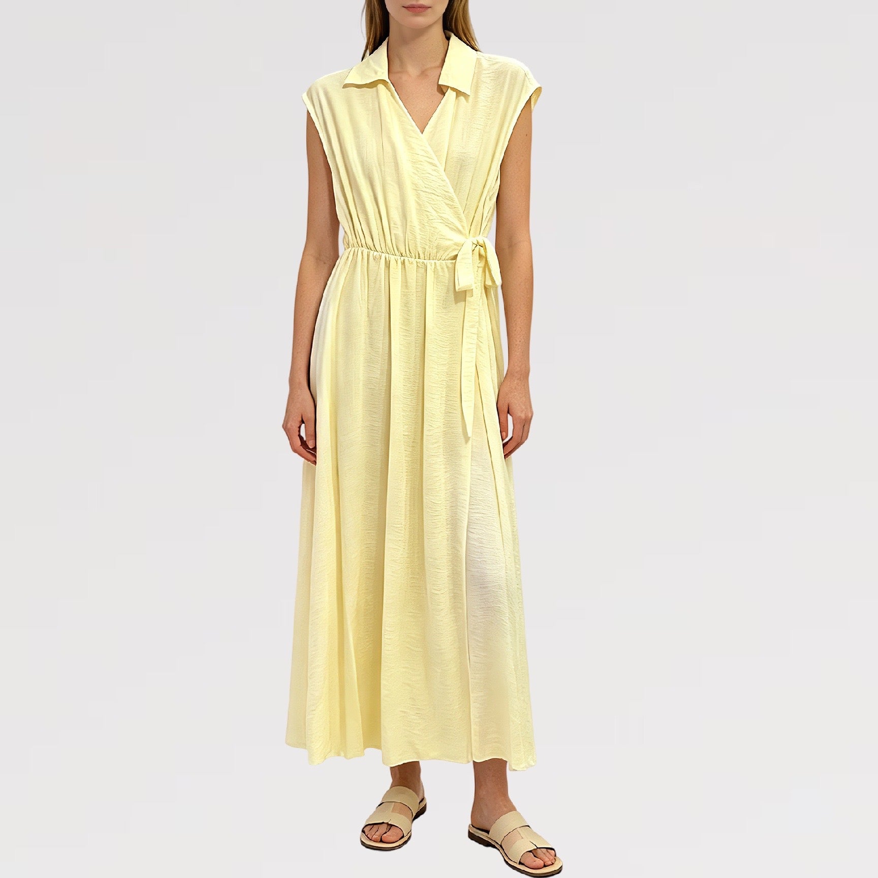 【Lady First】Abito TERESA  lungo senza maniche collare camicia 100% viscosa avvolgente vita regolabile -made in italy