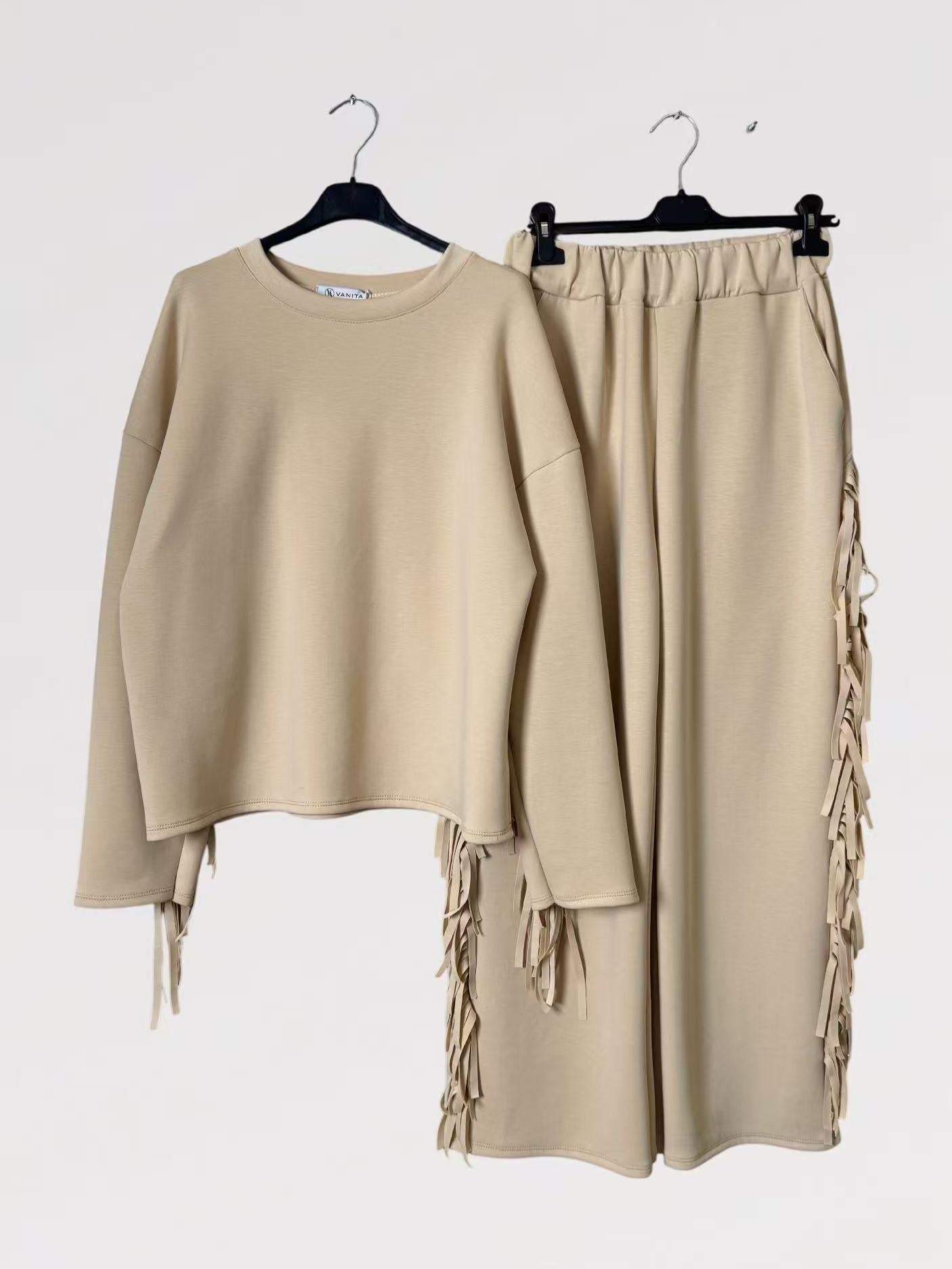 Completo Frangia - Maglia Oversize con Frange e Pantalone Elasticizzato Made in Italy Taglia Unica Comfort e Stile Casual Chic