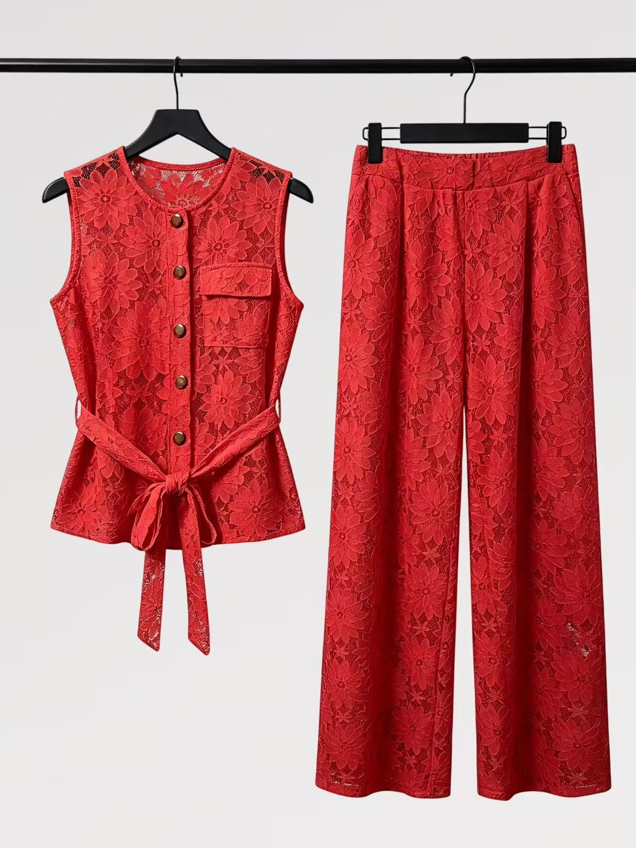 Completo Smanicato Pizzo – Top con Nodo & Pantalone Palazzo