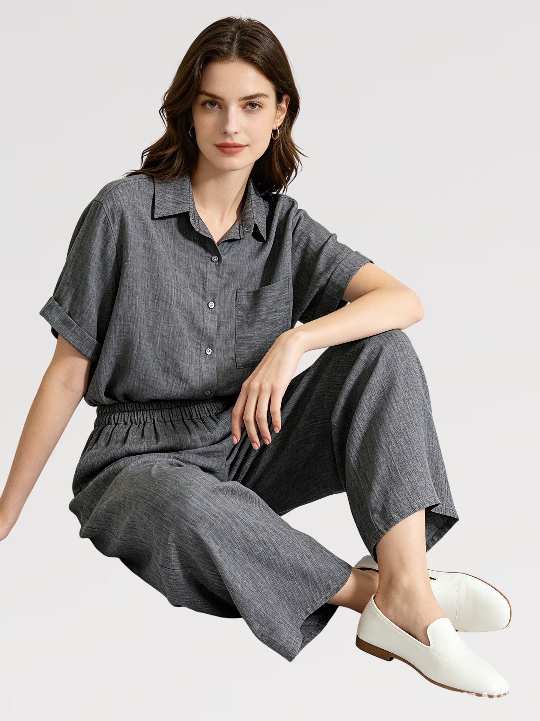 Completo Summer Vibes Lino&Cotone Taglia Unica Camicia Over Pantalone Ampio Comfort