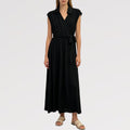 【Lady First】Abito TERESA  lungo senza maniche collare camicia 100% viscosa avvolgente vita regolabile -made in italy