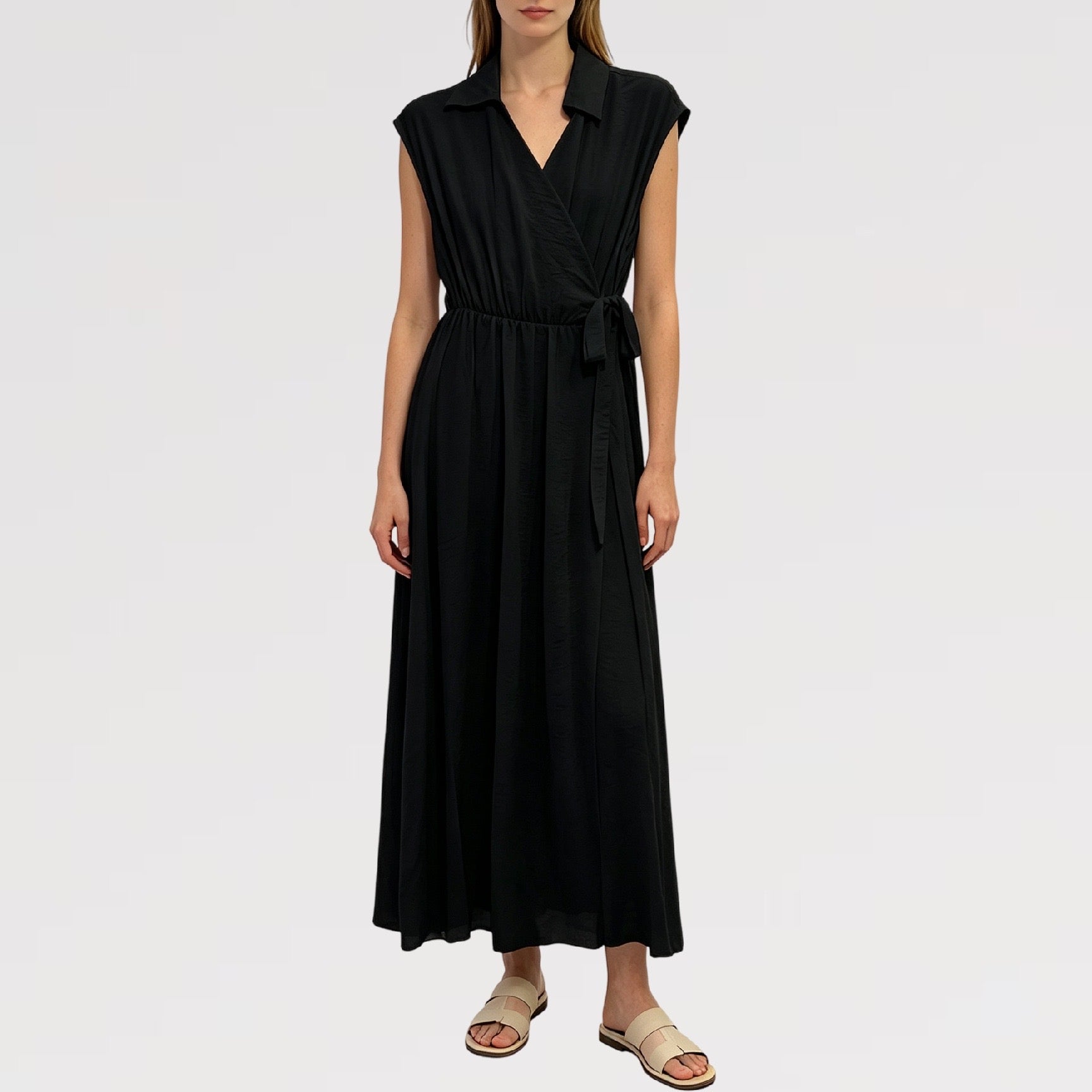 【Lady First】Abito TERESA  lungo senza maniche collare camicia 100% viscosa avvolgente vita regolabile -made in italy