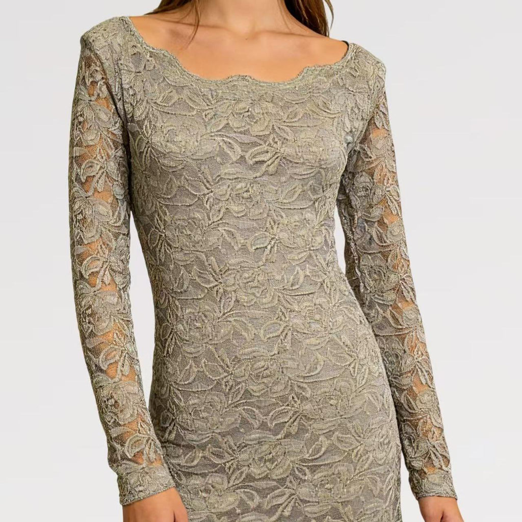 Abito Corto in Pizzo Elasticizzato Manica Lunga Elegante con Scollatura Rotonda e Tessuto Morbido per Occasioni Speciali