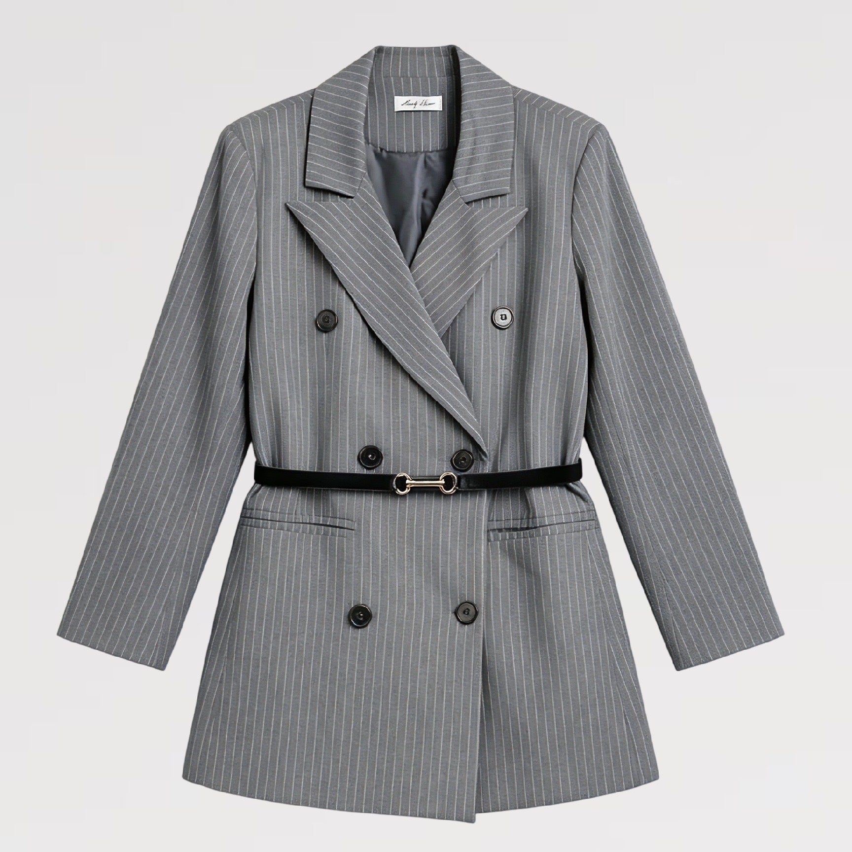 Blazer Gessato Sartoriale con Cintura – Made in Italy