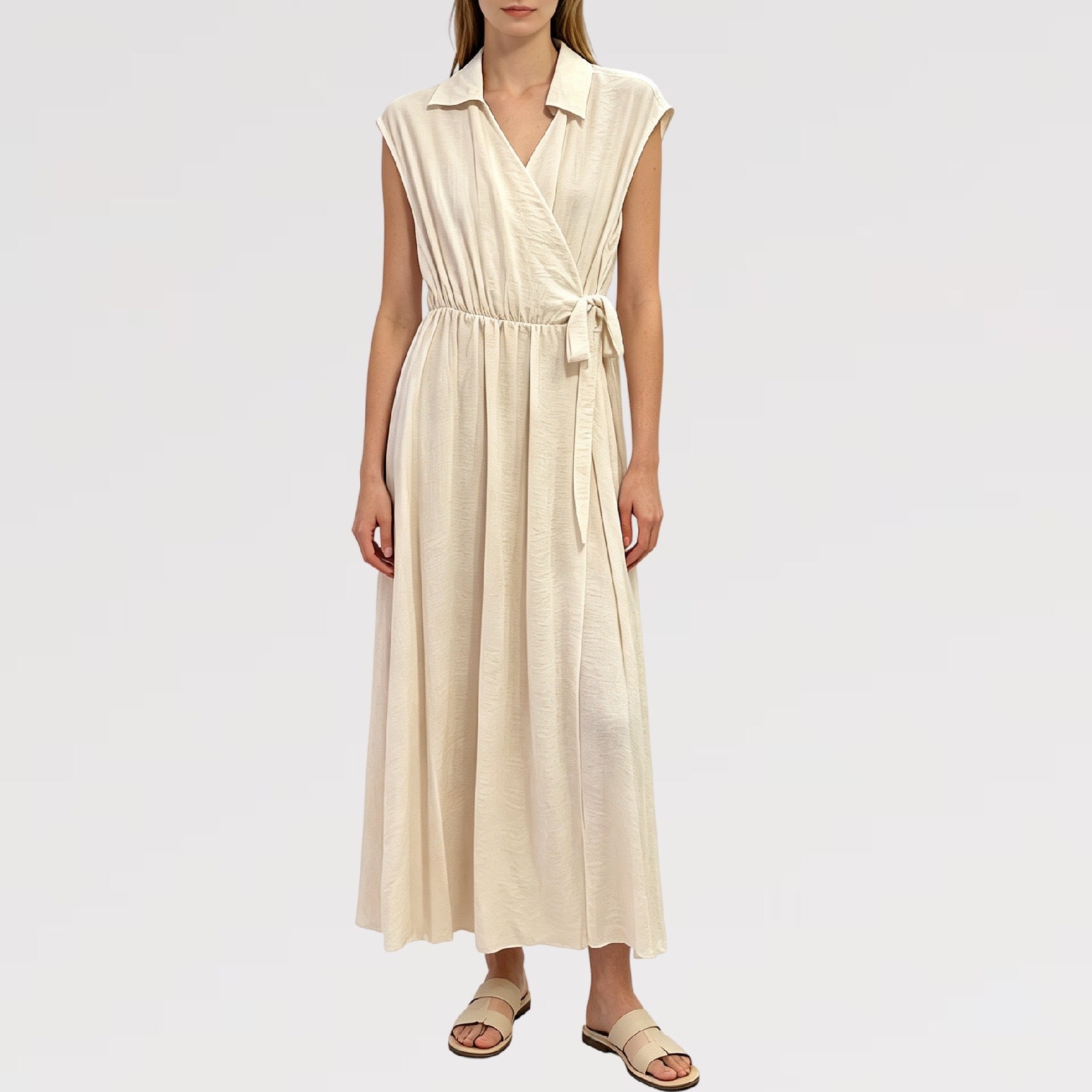 【Lady First】Abito TERESA  lungo senza maniche collare camicia 100% viscosa avvolgente vita regolabile -made in italy
