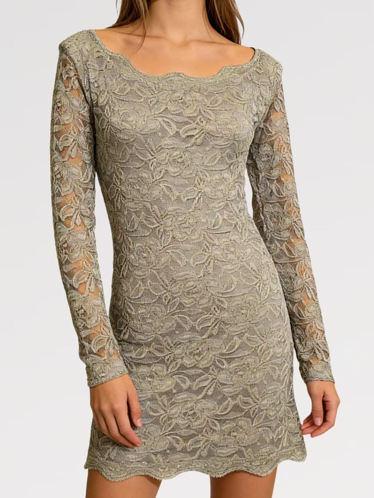 Abito Corto in Pizzo Elasticizzato Manica Lunga Elegante con Scollatura Rotonda e Tessuto Morbido per Occasioni Speciali