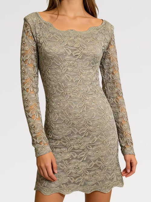 Abito Corto in Pizzo Elasticizzato Manica Lunga Elegante con Scollatura Rotonda e Tessuto Morbido per Occasioni Speciali