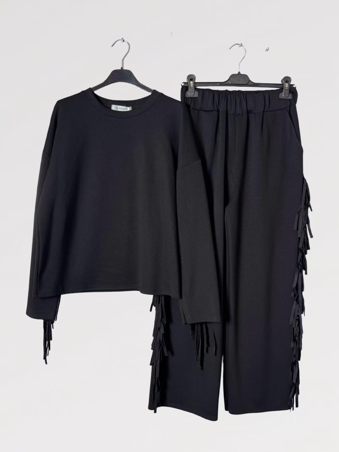 Completo Frangia - Maglia Oversize con Frange e Pantalone Elasticizzato Made in Italy Taglia Unica Comfort e Stile Casual Chic