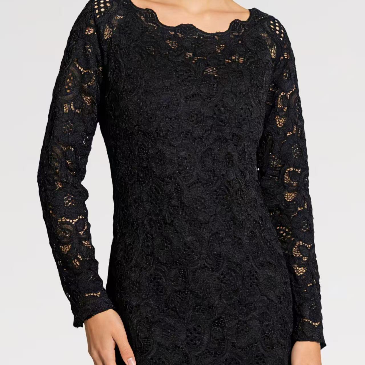 Abito Corto in Pizzo Elasticizzato Manica Lunga Elegante con Scollatura Rotonda e Tessuto Morbido per Occasioni Speciali