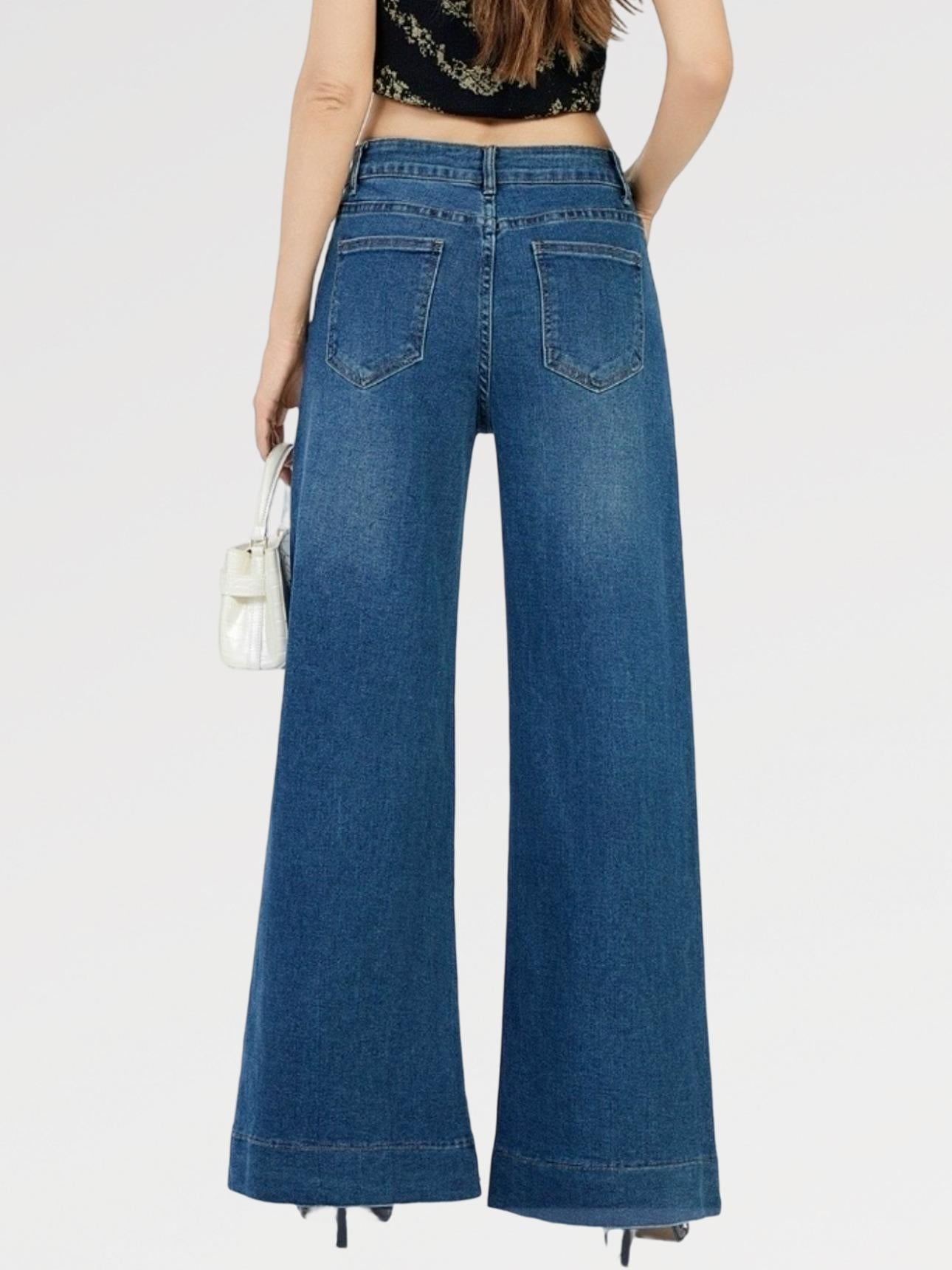 Jeans Palazzo ELSA  Elasticizzati a Vita Alta Nero & Blu Design Moderno e Femminile Gamba Ampia Denim Comfortevole e Modellante con Chiusura Bottone e Zip
