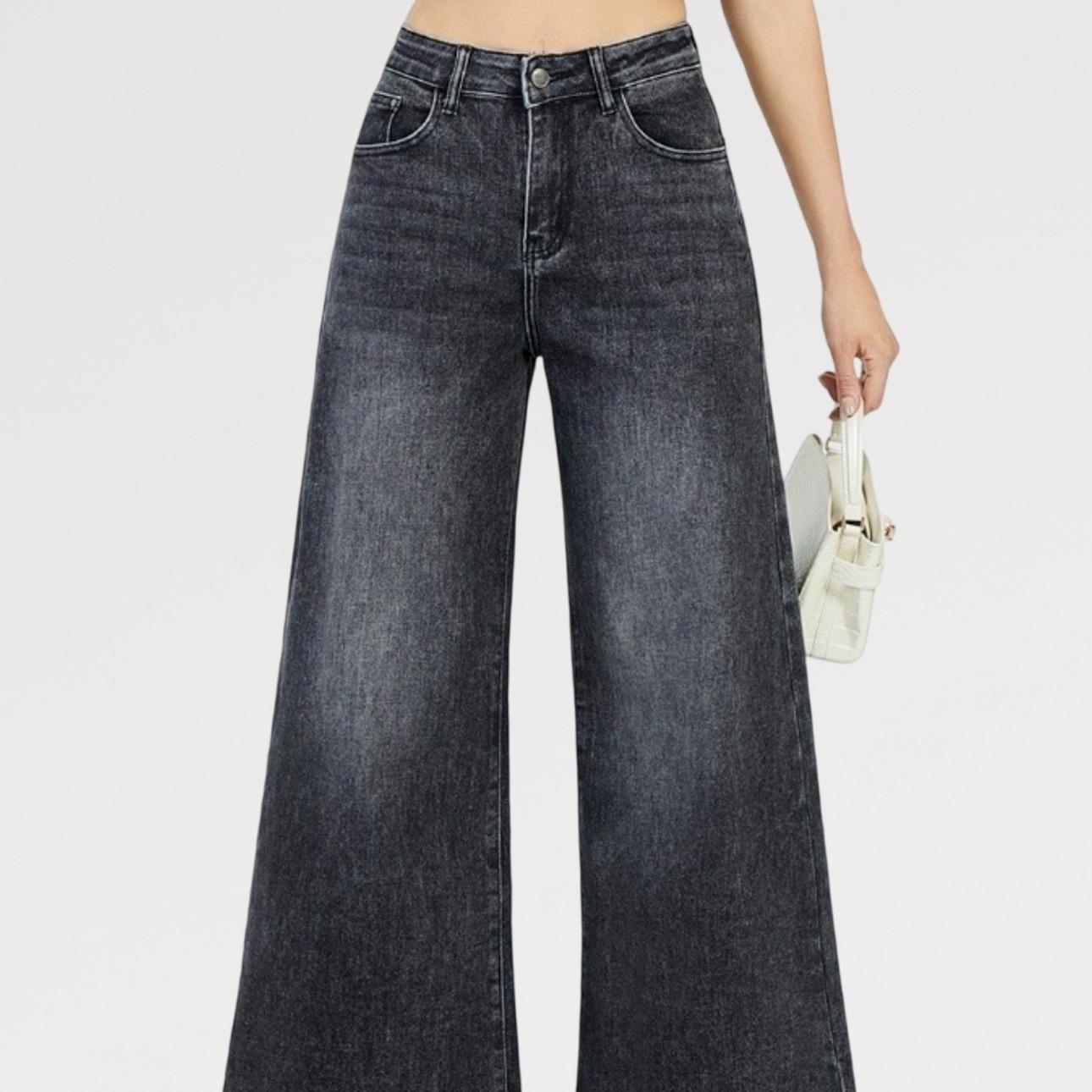 Jeans Palazzo ELSA  Elasticizzati a Vita Alta Nero & Blu Design Moderno e Femminile Gamba Ampia Denim Comfortevole e Modellante con Chiusura Bottone e Zip