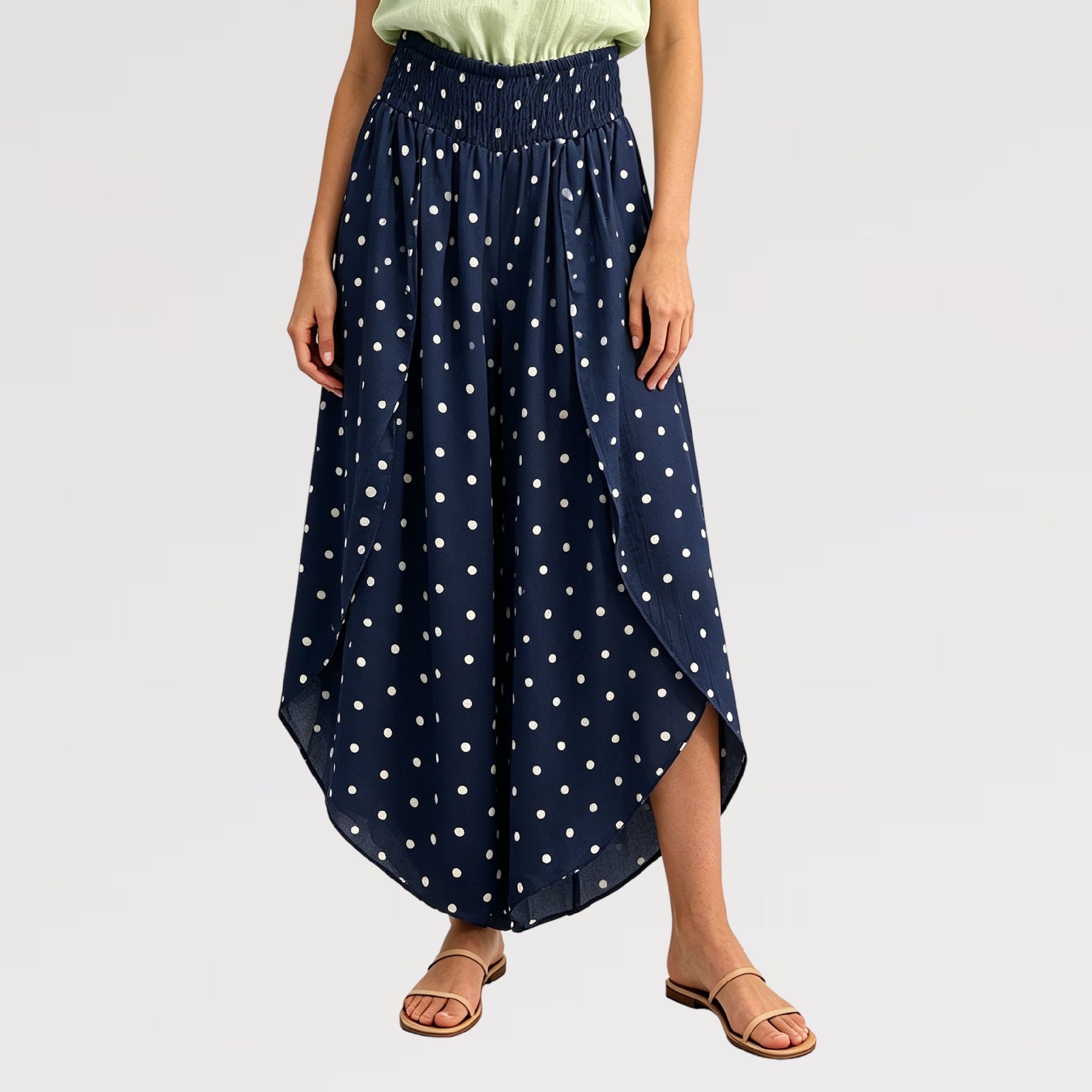 【Lady First】Pantalone GIOIA doppio strato effetto gonna, disponibile versione tinta unita e pois-Made in Italy