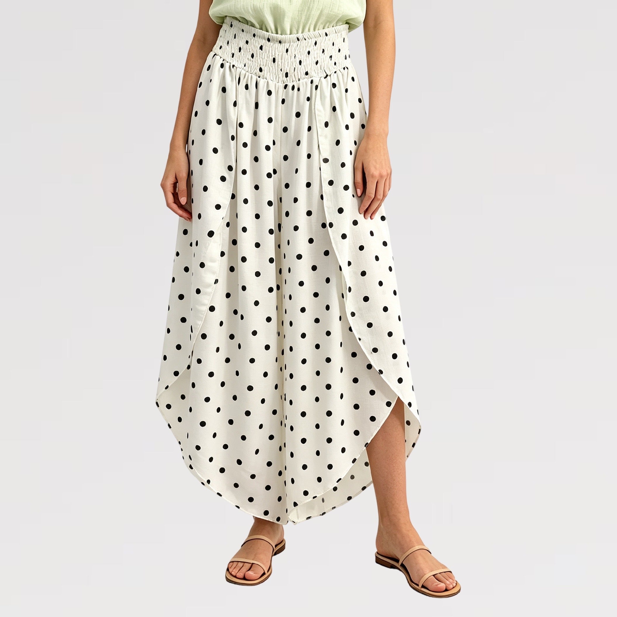 【Lady First】Pantalone GIOIA doppio strato effetto gonna, disponibile versione tinta unita e pois-Made in Italy