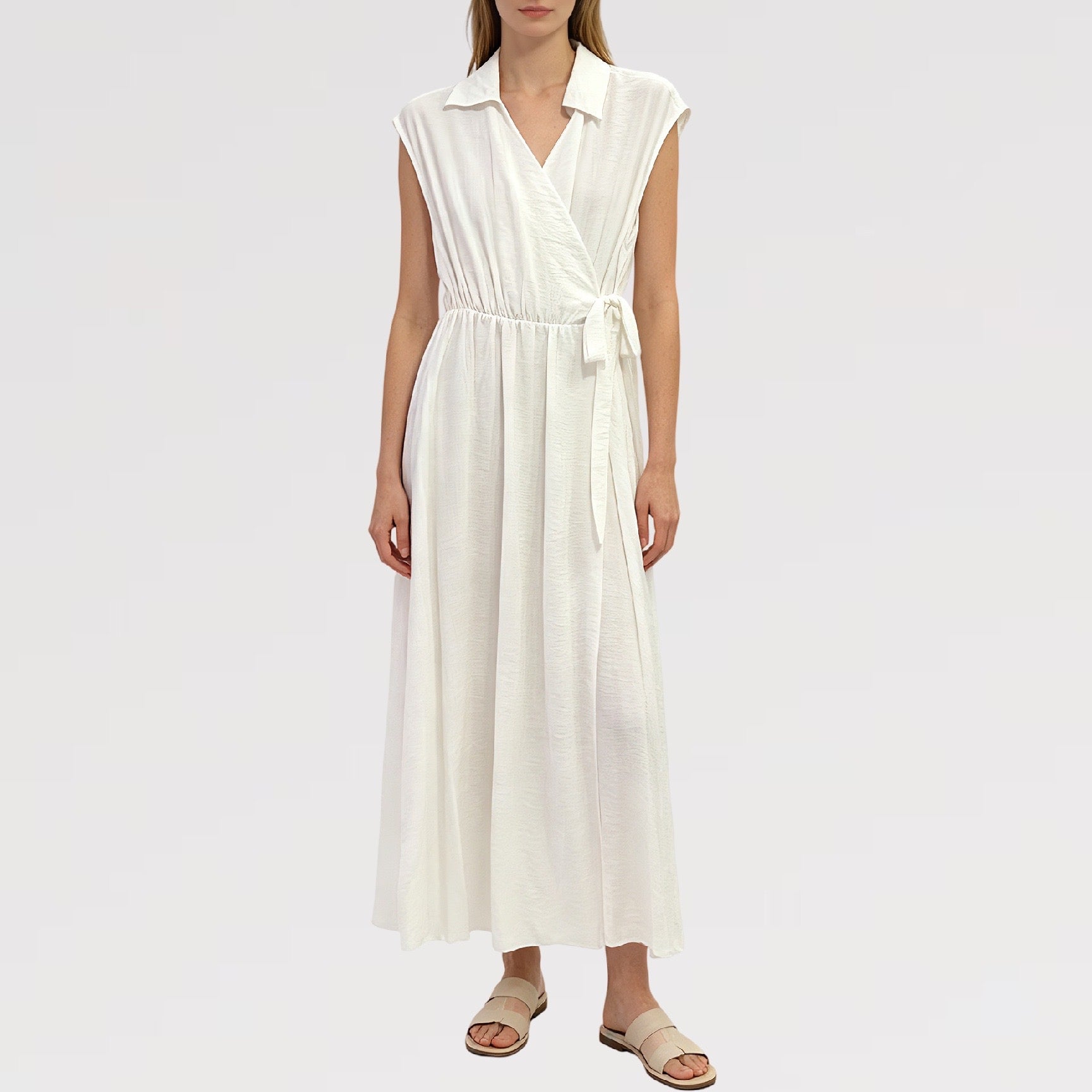 【Lady First】Abito TERESA  lungo senza maniche collare camicia 100% viscosa avvolgente vita regolabile -made in italy
