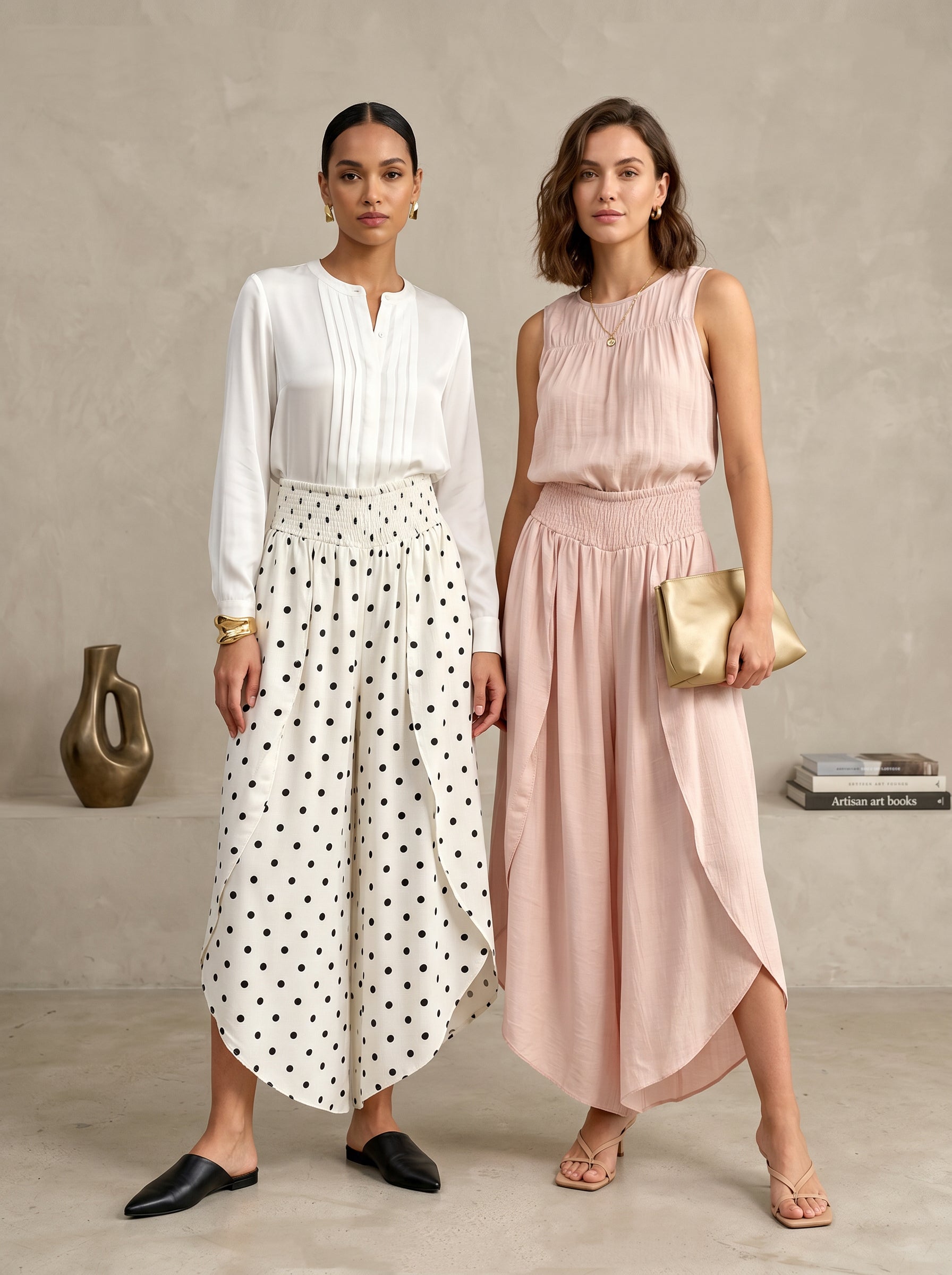 【Lady First】Pantalone GIOIA doppio strato effetto gonna, disponibile versione tinta unita e pois-Made in Italy