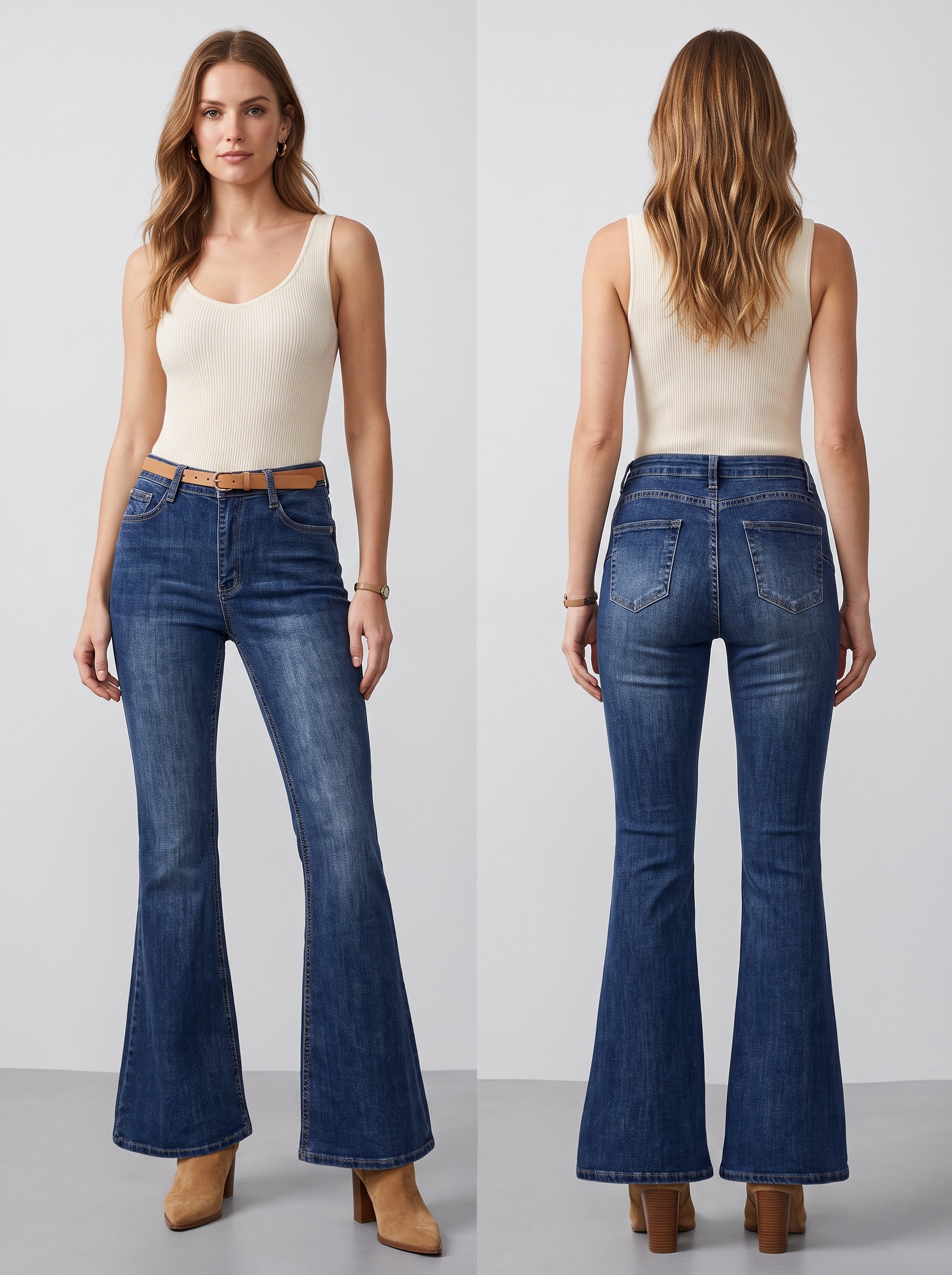 【Lady First】Jeans "NOSTALGIA" Flare Push UP Elastic Fit Svasato in Denim Elasticizzato con Cinque Tasche e Chiusura Bottone e Zip per Vestibilità Aderente e Comfort
