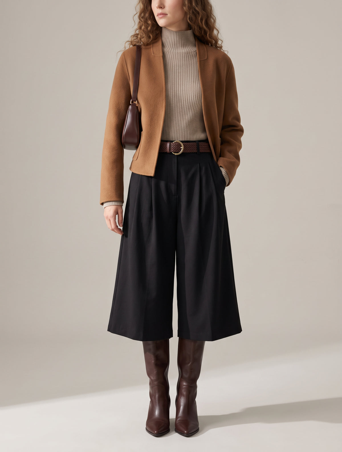 【Lady First】VIVIAN Pantalone culotte a vita alta con cintura intrecciata
