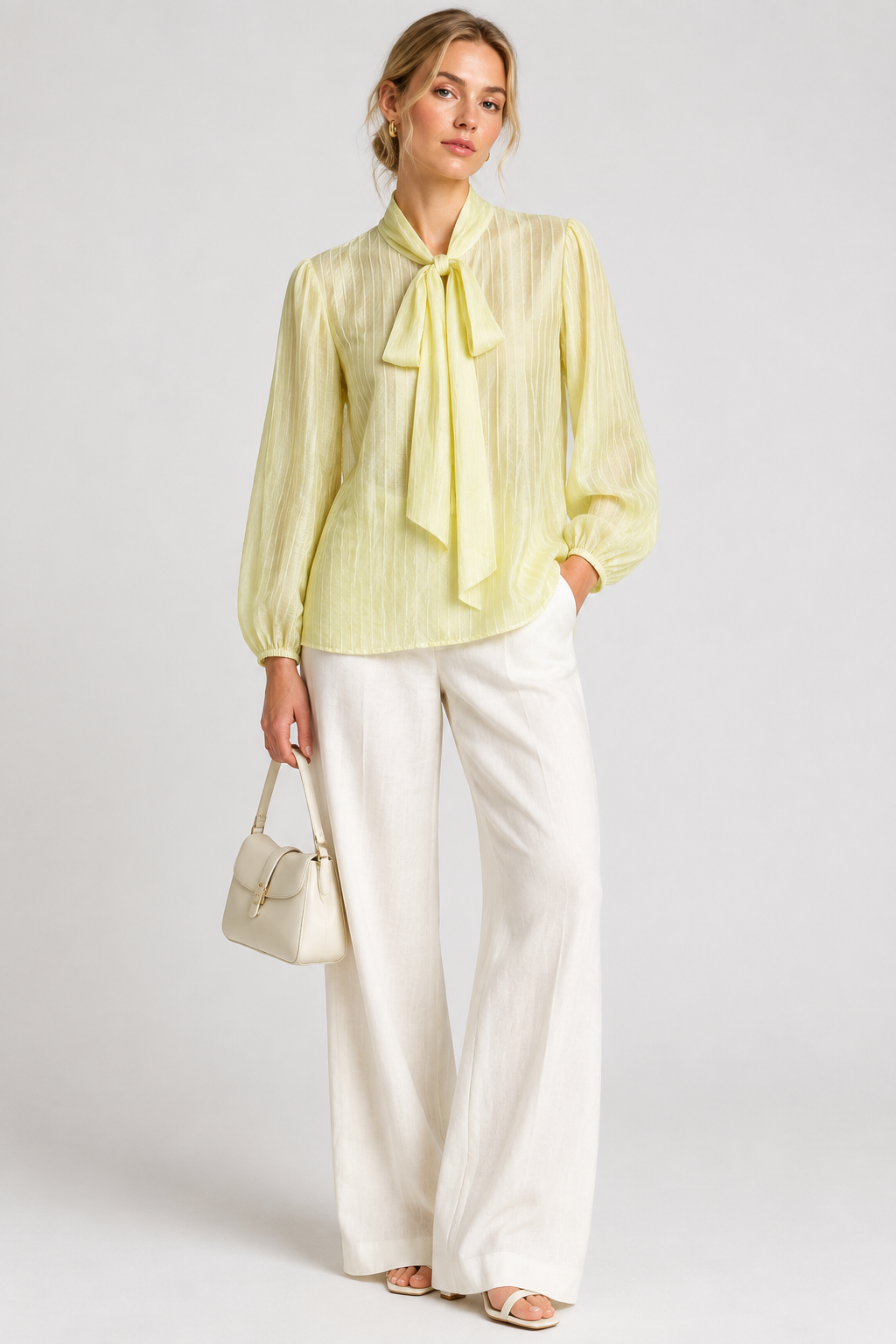 【Lady First】Elegante Bluse Vela Shine aus glänzendem Plissee-Stoff mit Schleife am Kragen und langen Ärmeln Made in Italy Einheitsgröße