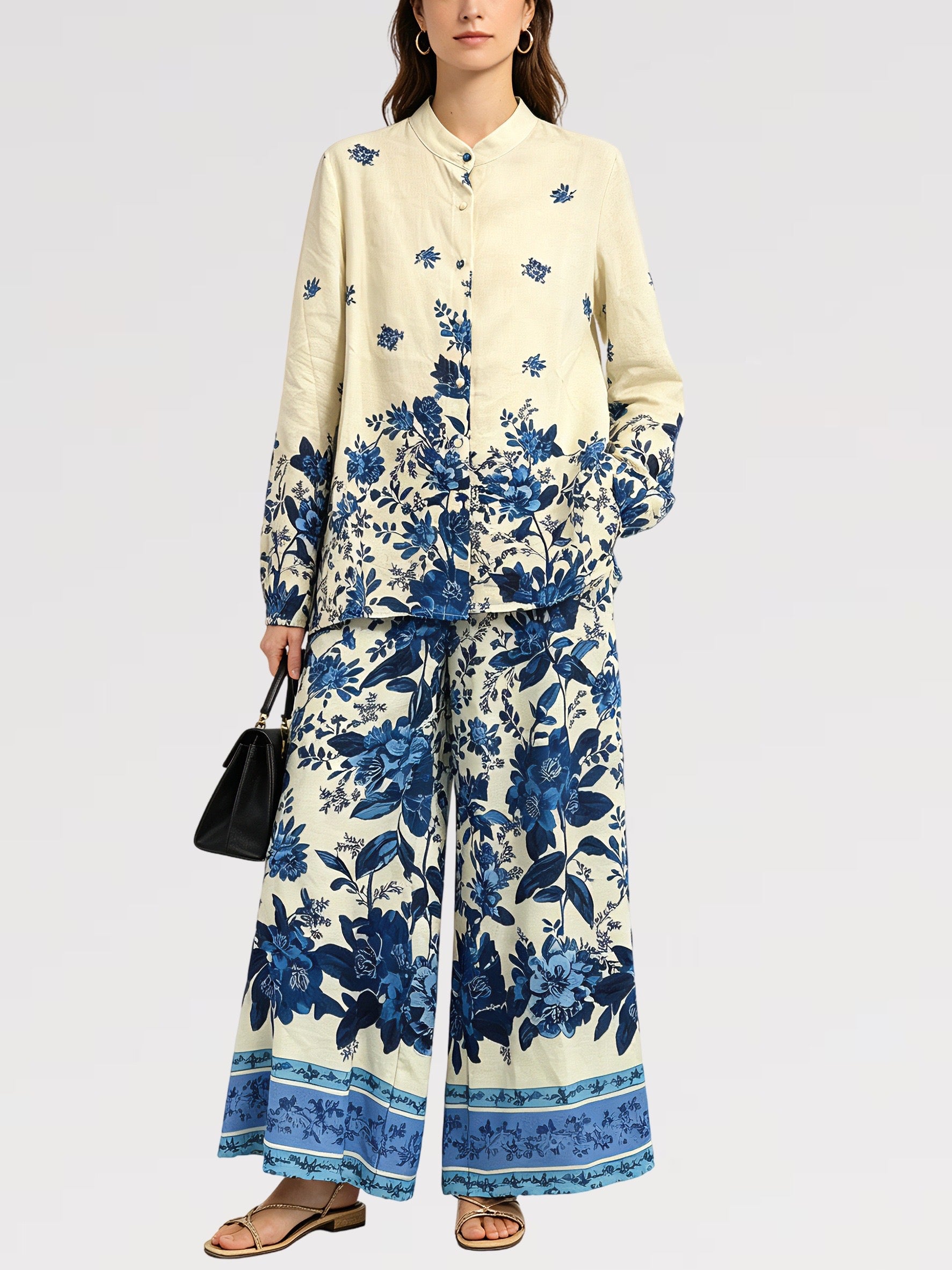 Dolce Garden Completo Lino Cotone Made in Italy Camicia Morbida Maniche Ampie Pantalone Palazzo Floreale Fit Rilassato Chic S M L