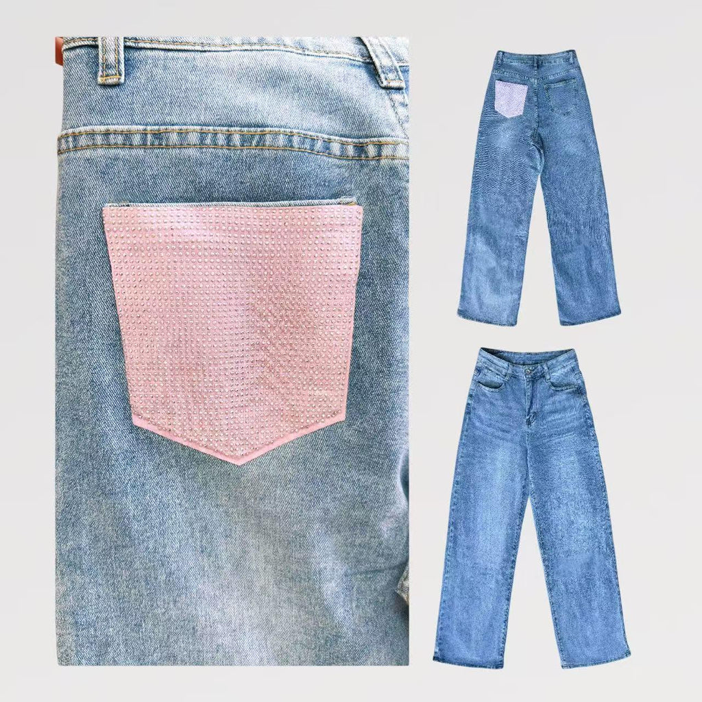 Jeans Galassia Rosa - Jeans elasticizzato Chiaro con tasca posteriore rifinito con tessuto rosa e brillantinato
