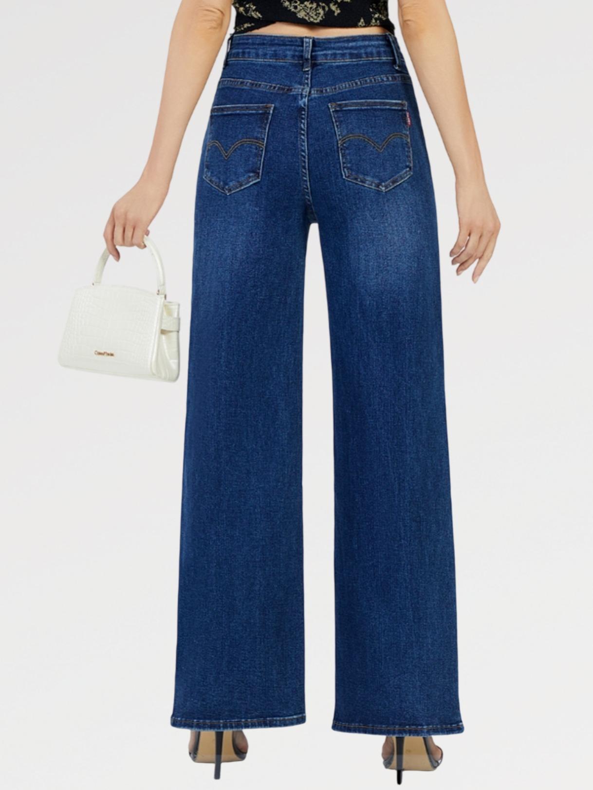 Jeans Palazzo ANNA Elasticizzati a Vita Alta Modello Palazzo Sigaretta Gamba Ampia Tessuto Denim Elasticizzato Chiusura Bottone e Zip Vestibilità Confortevole e Modellante Ideali per Ogni Occasione Design Moderno e Femminile