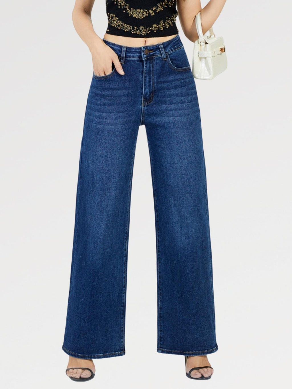 Jeans Palazzo ANNA Elasticizzati a Vita Alta Modello Palazzo Sigaretta Gamba Ampia Tessuto Denim Elasticizzato Chiusura Bottone e Zip Vestibilità Confortevole e Modellante Ideali per Ogni Occasione Design Moderno e Femminile