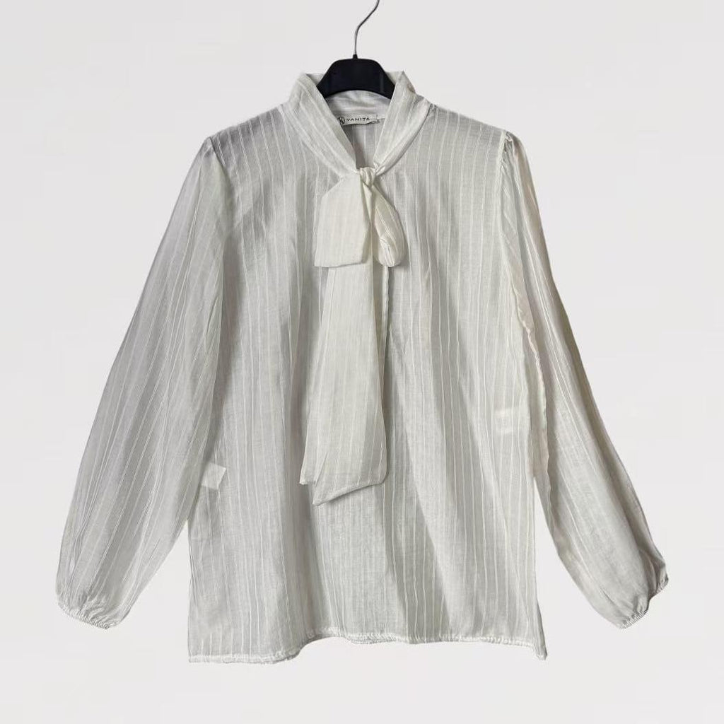 Blusa Vela Shine Elegante in Tessuto Luminoso Effetto Plissé con Fiocco al Collo e Maniche Lunghe Made in Italy Taglia Unica