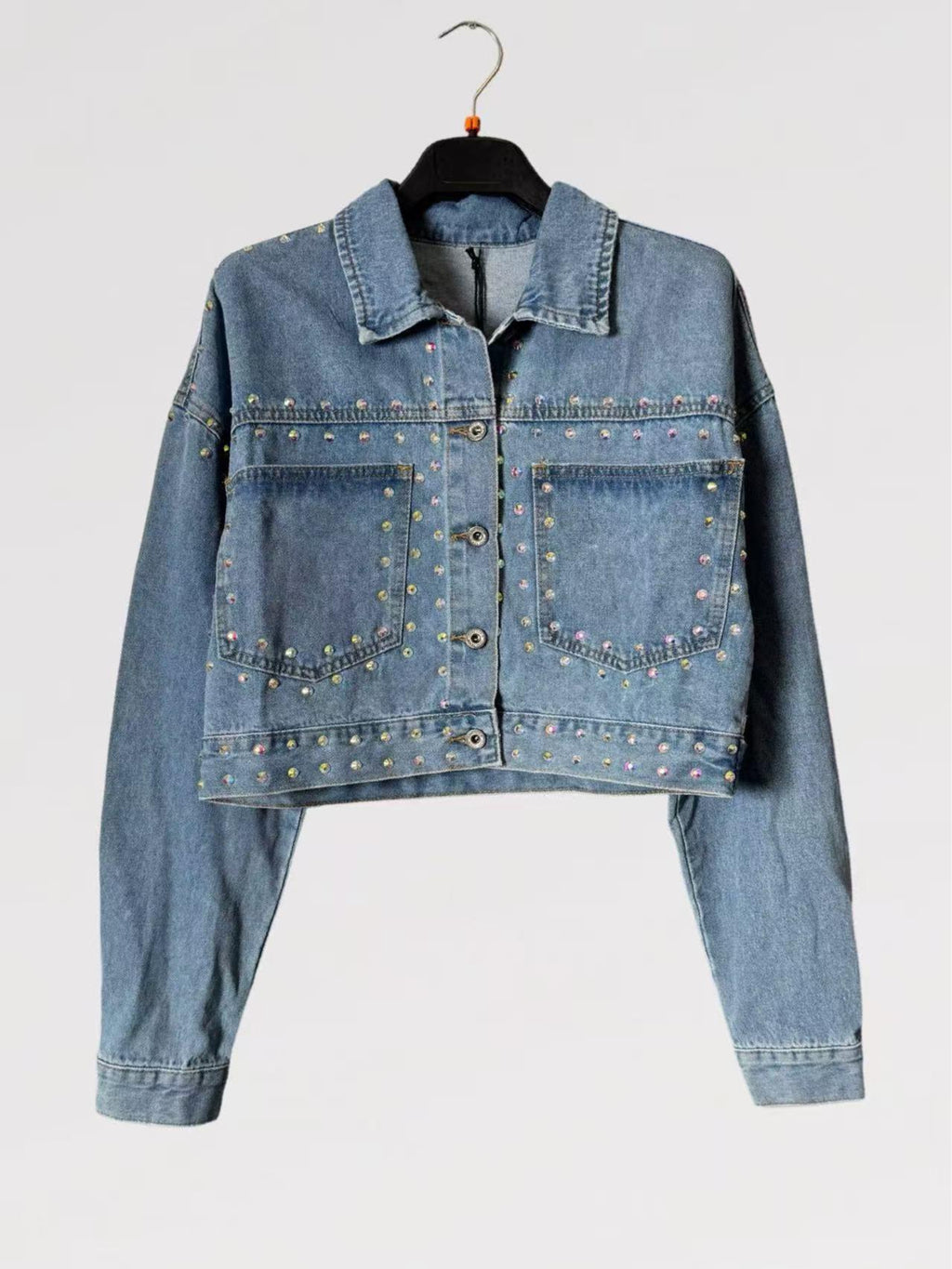 Giacca Denim Crop con Strass Lumina Multicolor