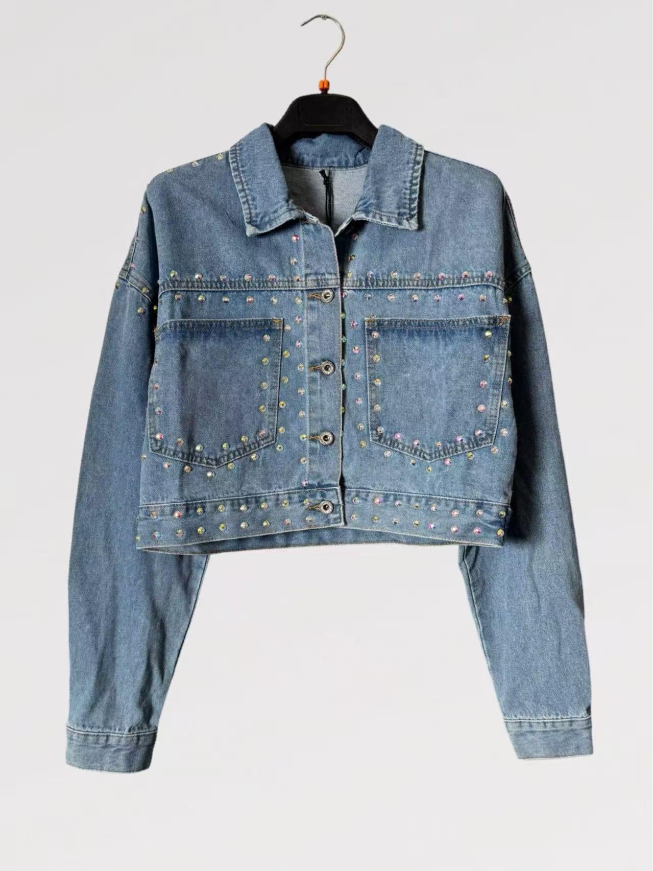 Giacca Denim Crop con Strass Lumina Multicolor