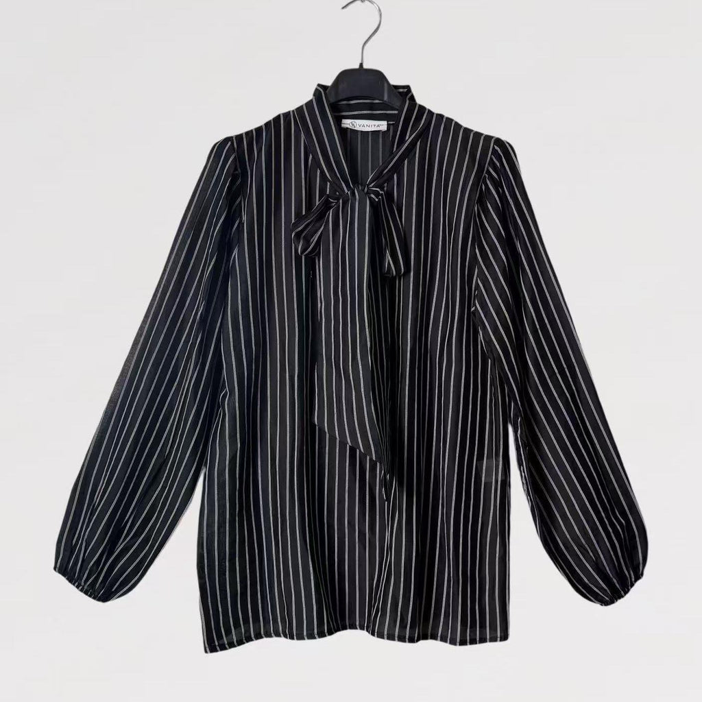 Blusa Vela Shine Elegante in Tessuto Luminoso Effetto Plissé con Fiocco al Collo e Maniche Lunghe Made in Italy Taglia Unica