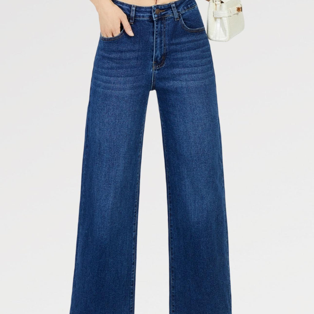 Jeans Palazzo ANNA Elasticizzati a Vita Alta Modello Palazzo Sigaretta Gamba Ampia Tessuto Denim Elasticizzato Chiusura Bottone e Zip Vestibilità Confortevole e Modellante Ideali per Ogni Occasione Design Moderno e Femminile