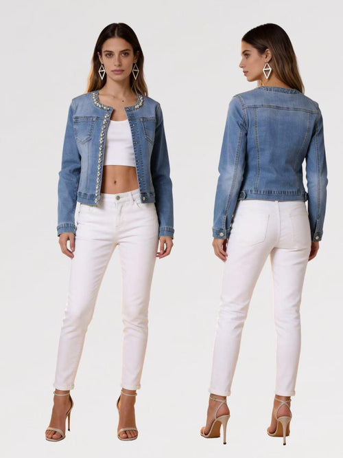 Jeansjacke „Elegance“ mit Perlen und Diamanten, Effekt Halskette und Clip-Knopf
