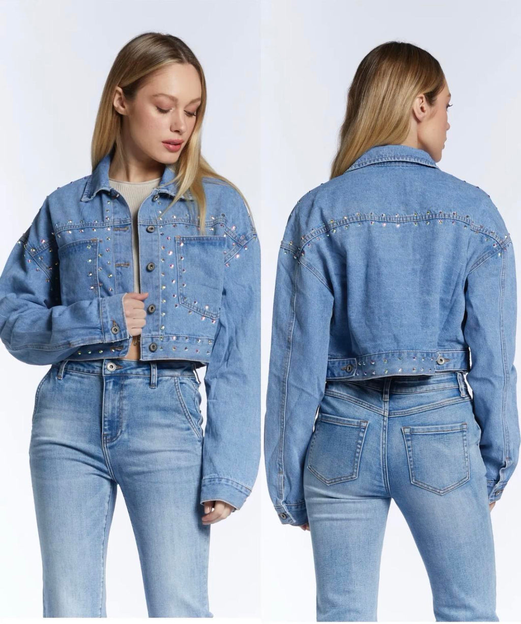 Giacca Denim Crop con Strass Lumina Multicolor