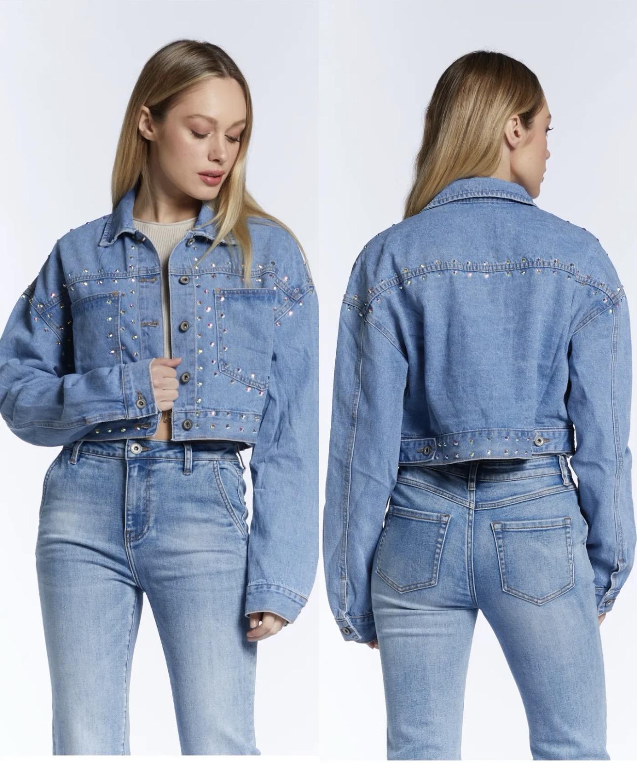 Giacca Denim Crop con Strass Lumina Multicolor
