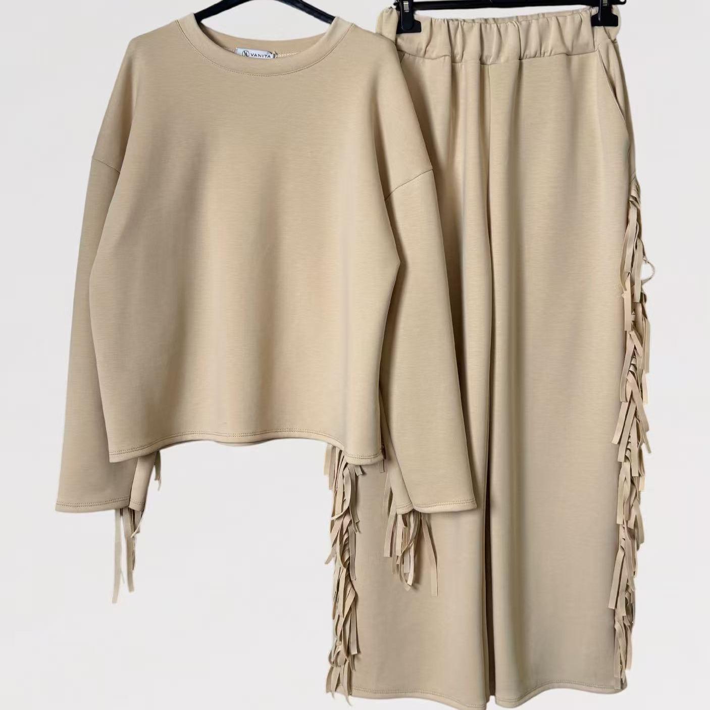 Completo Frangia - Maglia Oversize con Frange e Pantalone Elasticizzato Made in Italy Taglia Unica Comfort e Stile Casual Chic