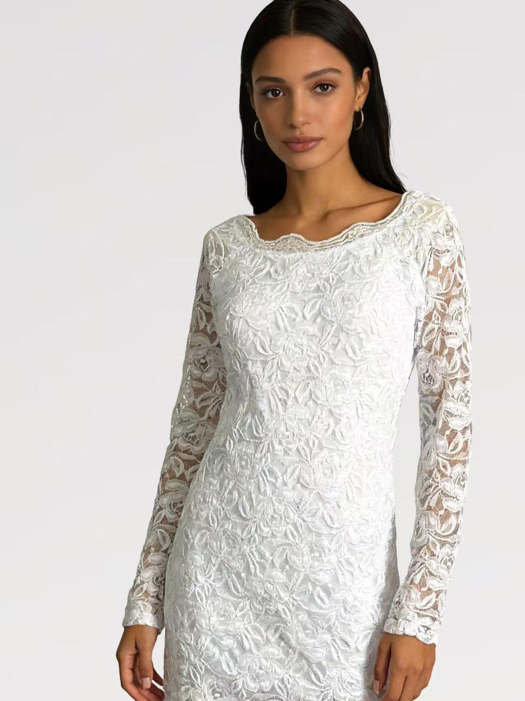 Abito Corto in Pizzo Elasticizzato Manica Lunga Elegante con Scollatura Rotonda e Tessuto Morbido per Occasioni Speciali