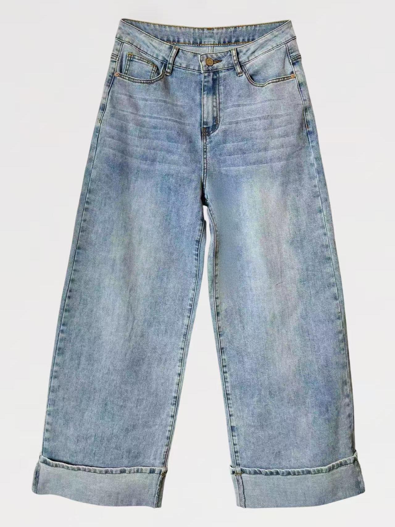Jeans Wide Leg Elastic Cuff in Denim Elasticizzato con Fondo Risvoltato e Cinque Tasche per Vestibilità Naturale e Look Casual