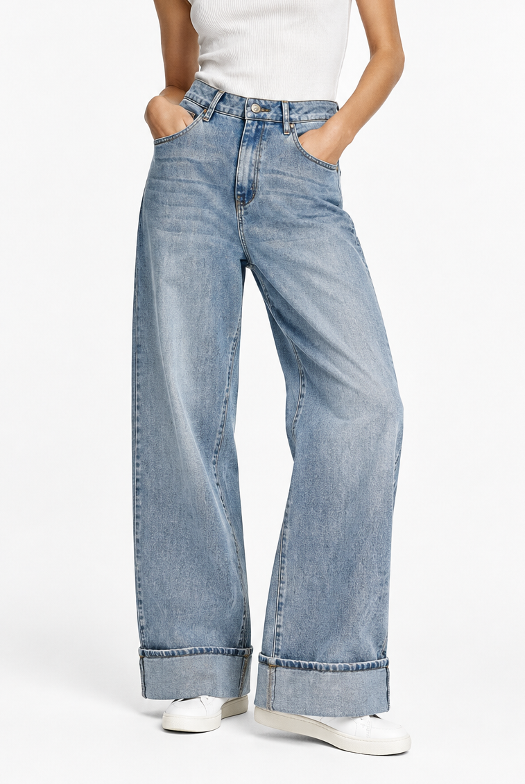 【Lady First】Jeans Wide Leg mit elastischem Bund aus Stretch-Denim mit umgeschlagenem Saum und fünf Taschen für eine natürliche Passform und einen lässigen Look