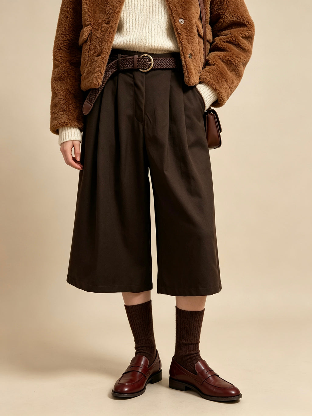 【Lady First】VIVIAN Pantalone culotte a vita alta con cintura intrecciata