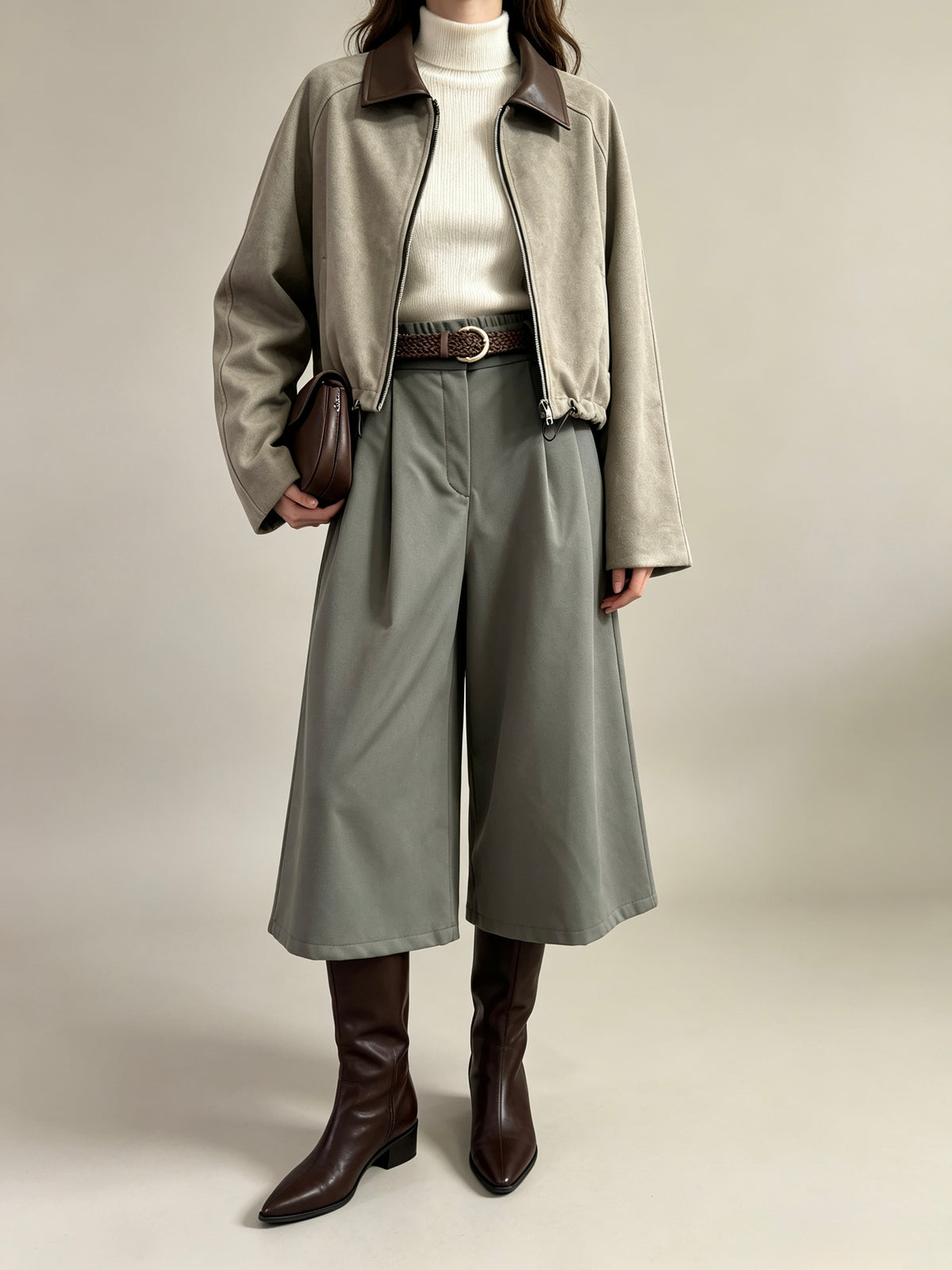 【Lady First】VIVIAN Pantalone culotte a vita alta con cintura intrecciata