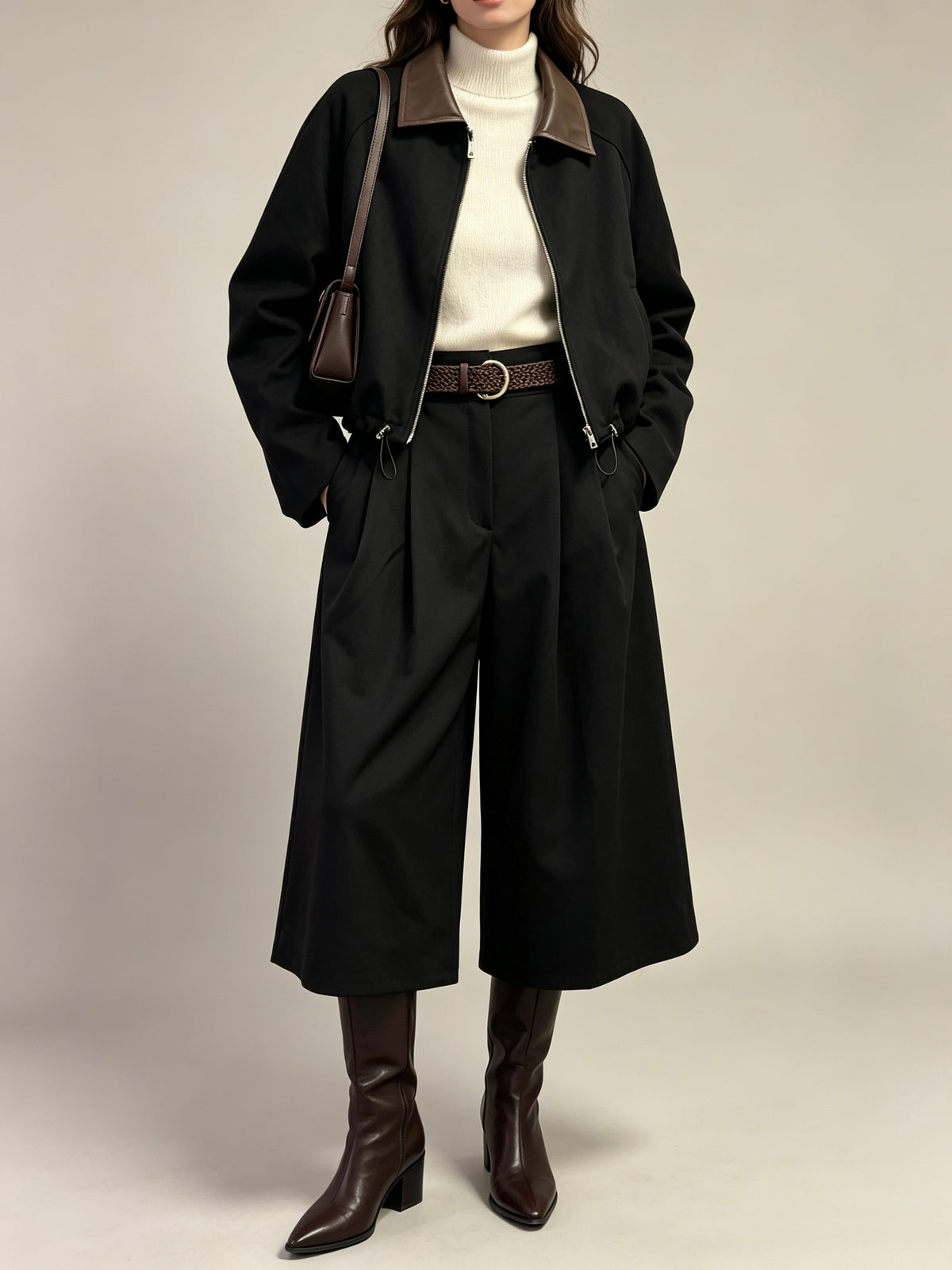 【Lady First】VIVIAN Pantalone culotte a vita alta con cintura intrecciata