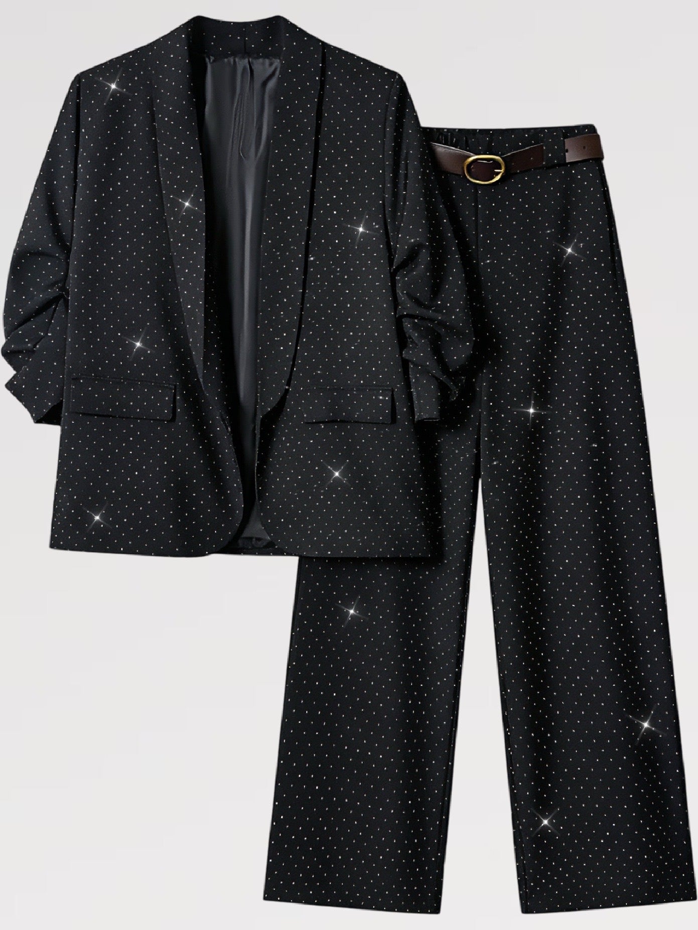 Completo Giacca & Pantalone con Micro Paillettes Set 2 pezzi con cintura Donna Taglia Unica  Elegante Versatile Donne