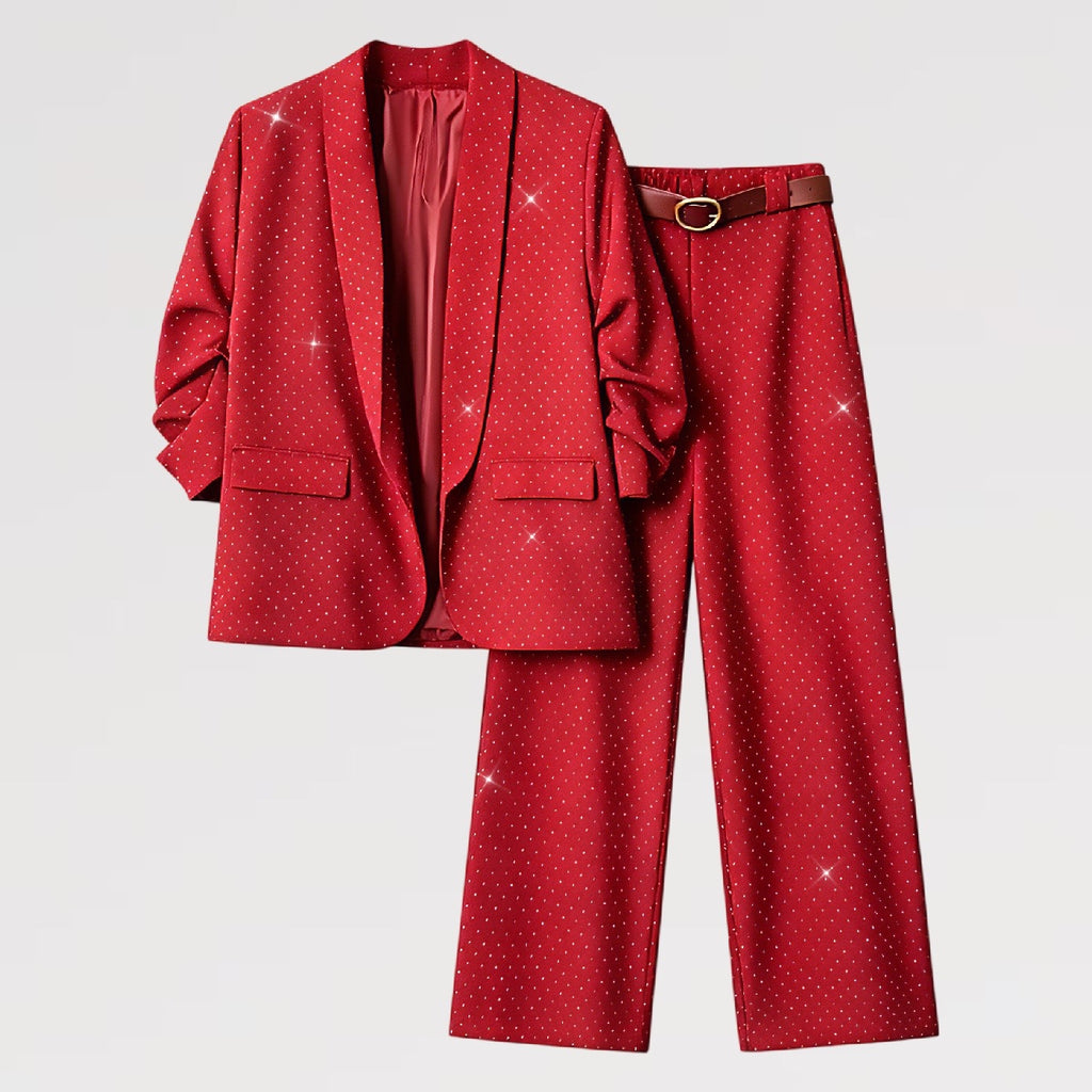【Lady First】Completo Giacca & Pantalone con Micro Paillettes Set 2 pezzi con cintura Donna Taglia Unica  Elegante Versatile Donne