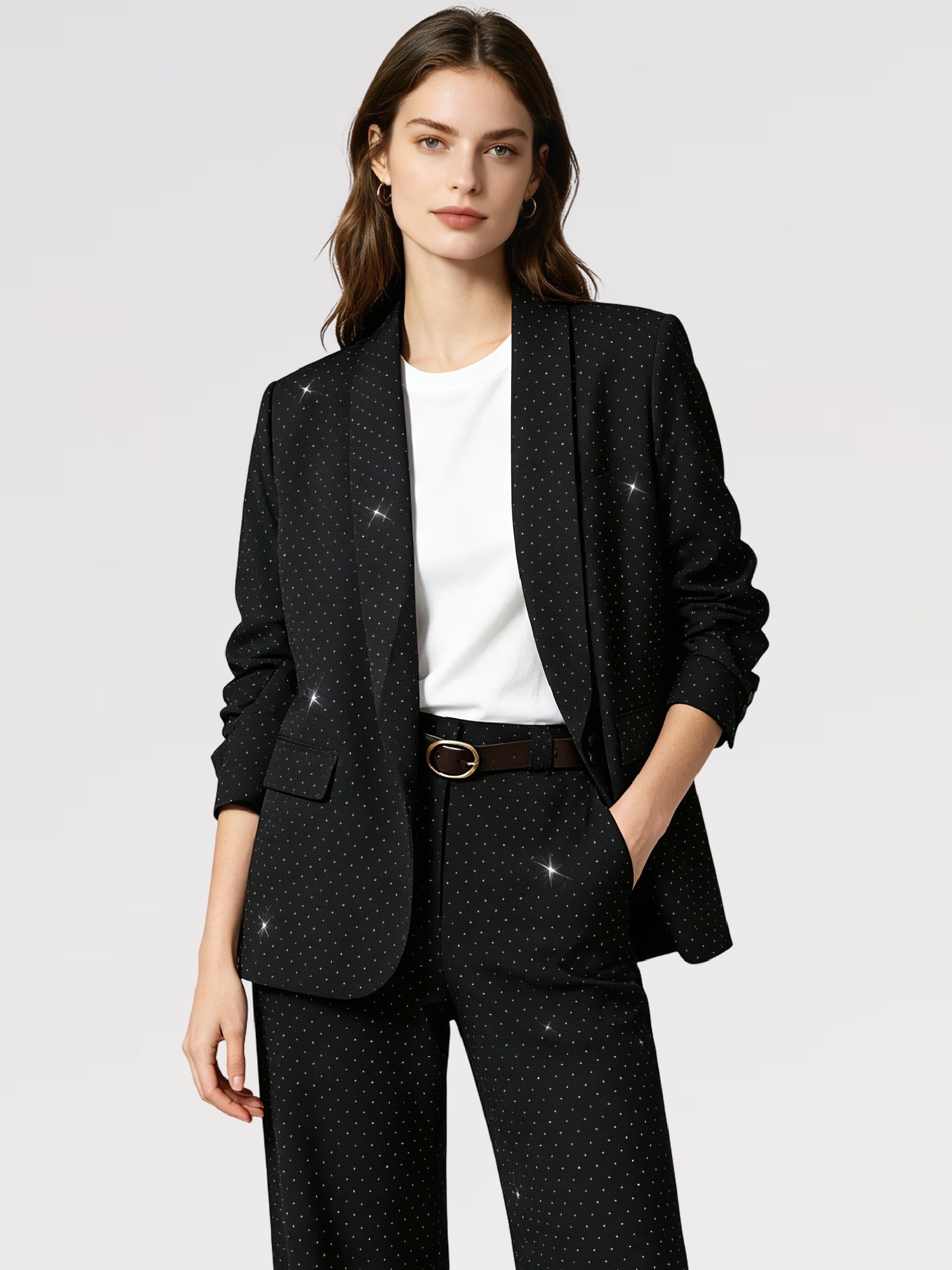 Completo Giacca & Pantalone con Micro Paillettes Set 2 pezzi con cintura Donna Taglia Unica  Elegante Versatile Donne